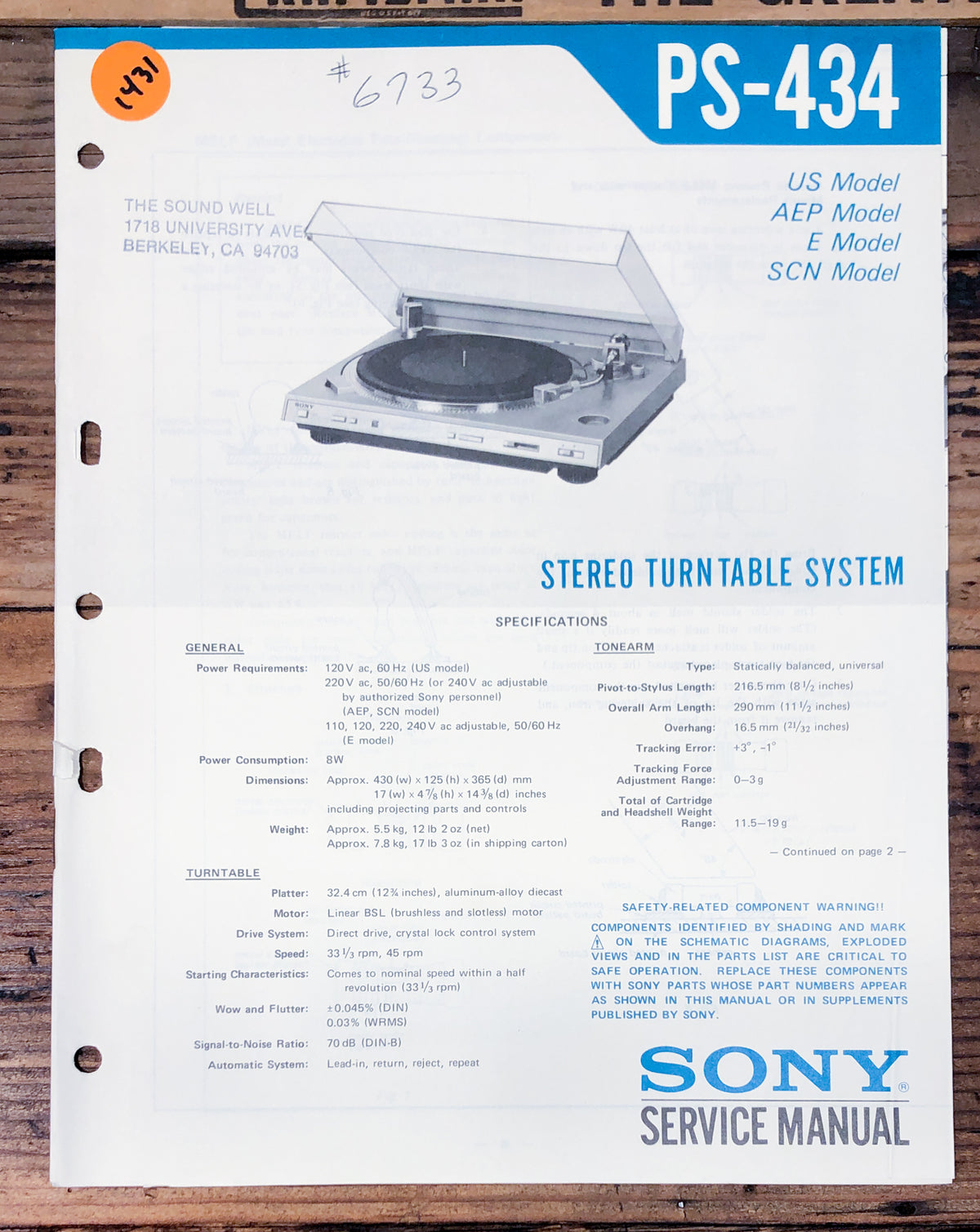Sony PS-434 Record Player / Turntable Service Manual *Original*
