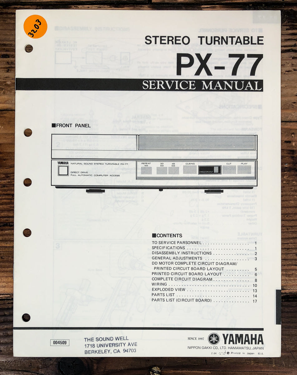 Yamaha PX-77 Record Player / Turntable Service Manual *Original*