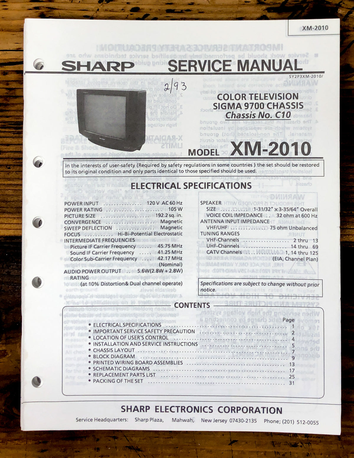 Sharp XM-2010 TV / Television Service Manual *Original*