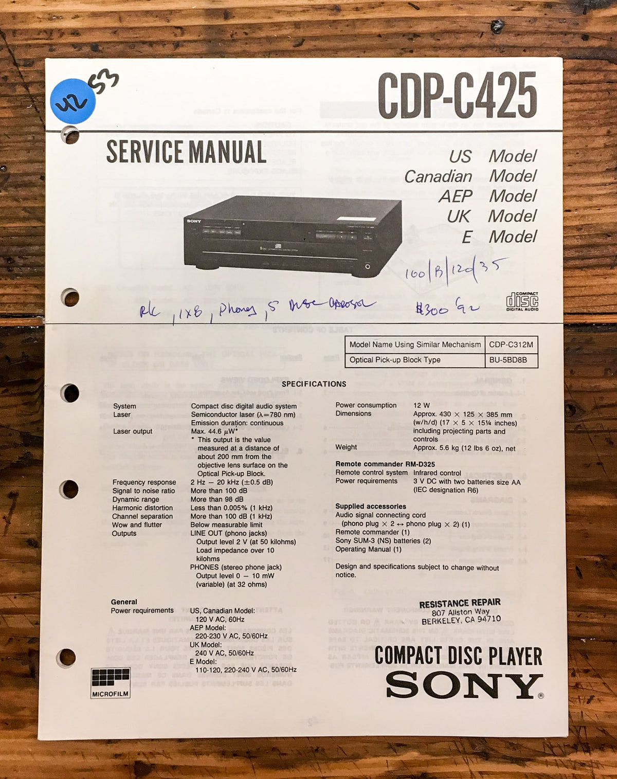 Sony CDP-C425 CD Player Service Manual *Original*