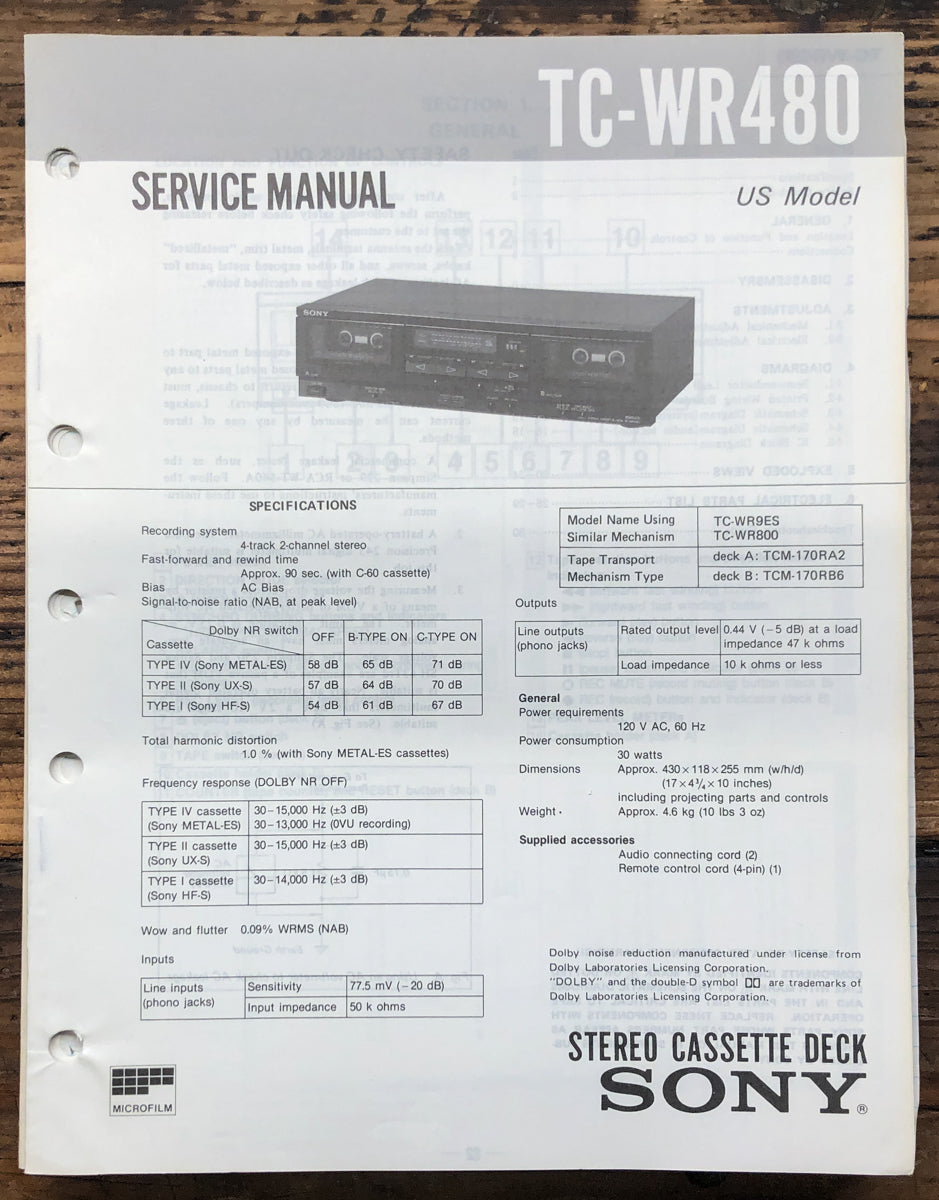 Sony TC-WR480 Cassette Service Manual *Original*
