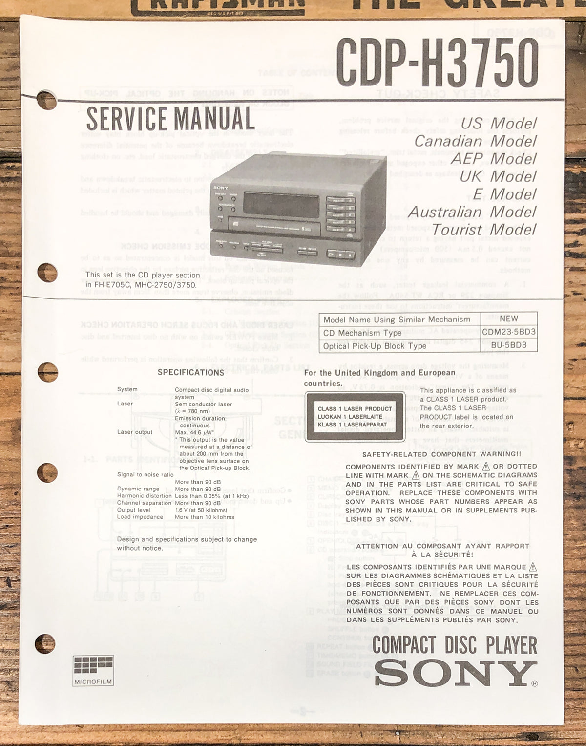 Sony CDP-H3750 CD Player Service Manual *Original*