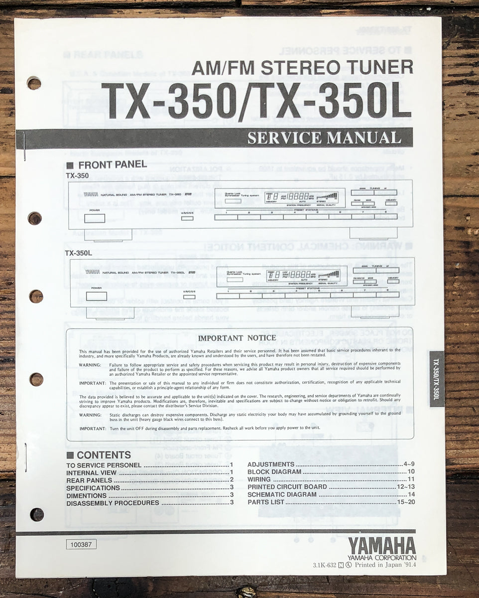 Yamaha TX-350 TX-350L Tuner Service Manual *Original*