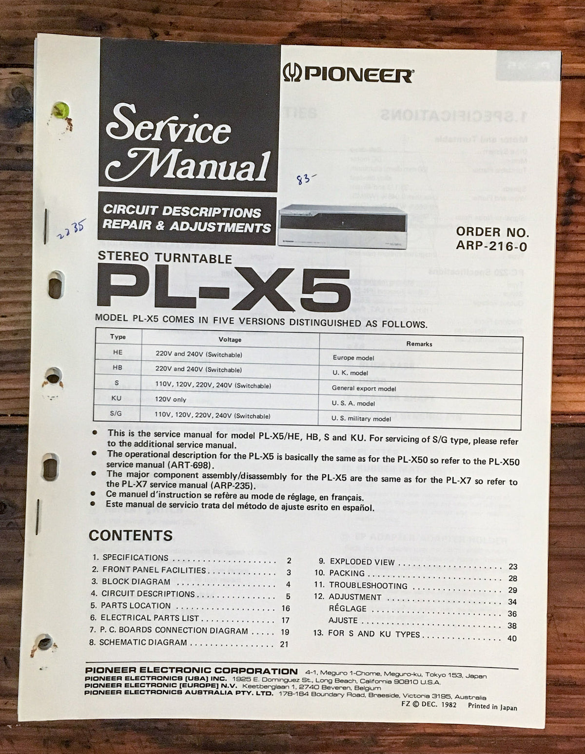 Pioneer PL-X5 Record Player / Turntable Service Manual *Original*