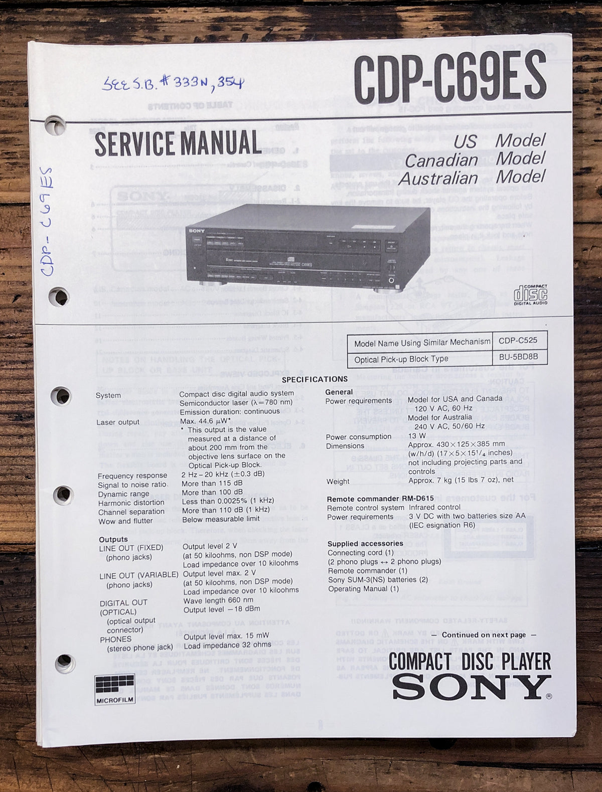 Sony CDP-C69ES CD Player Service Manual *Original*