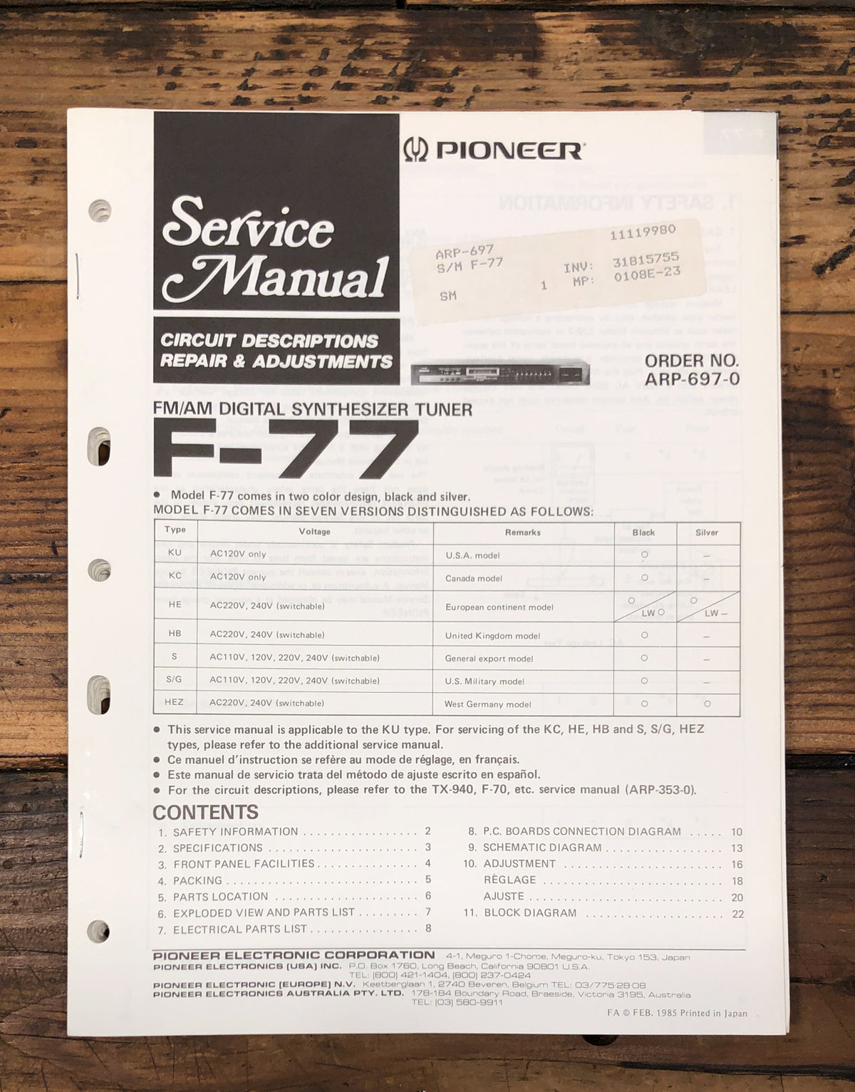 Pioneer F-77 Tuner Service Manual *Original*