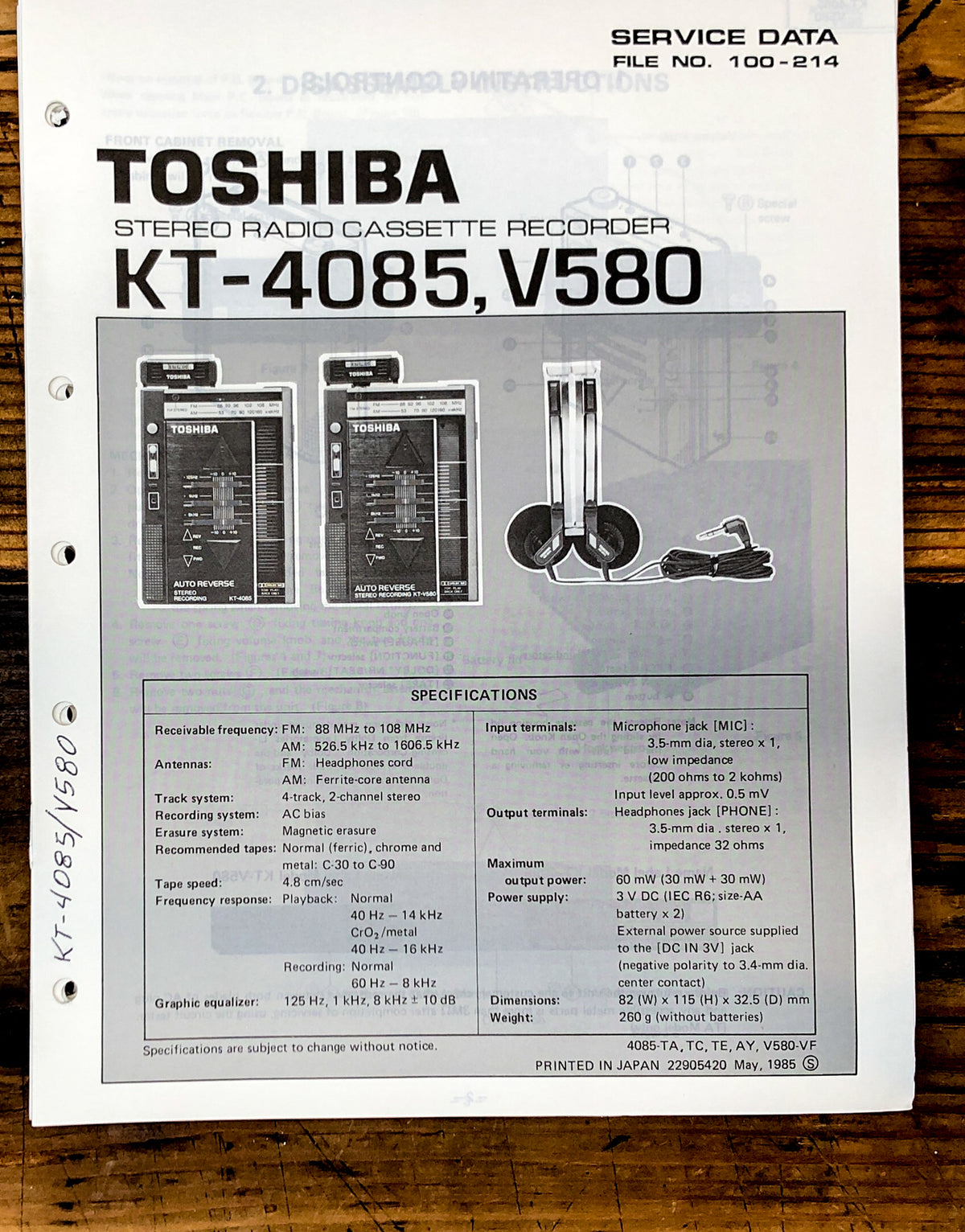 Toshiba Model KT-4085 KT-V580 Cassette Service Manual *Original*