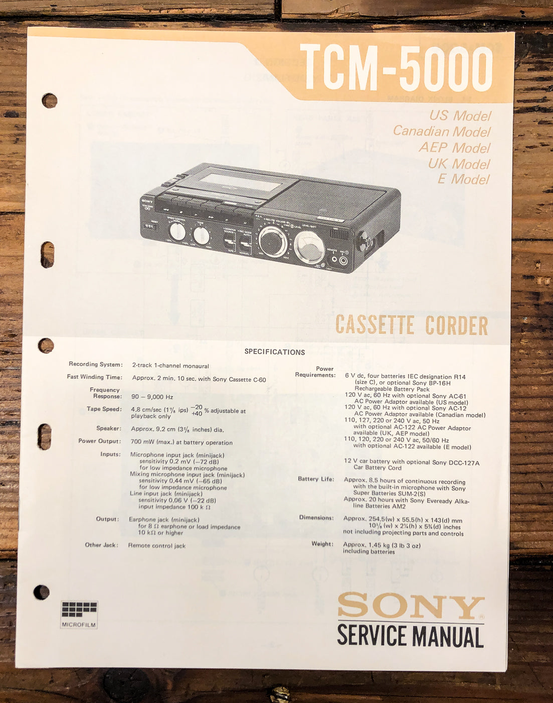 Sony TCM-5000 Cassette Service Manual *Original*