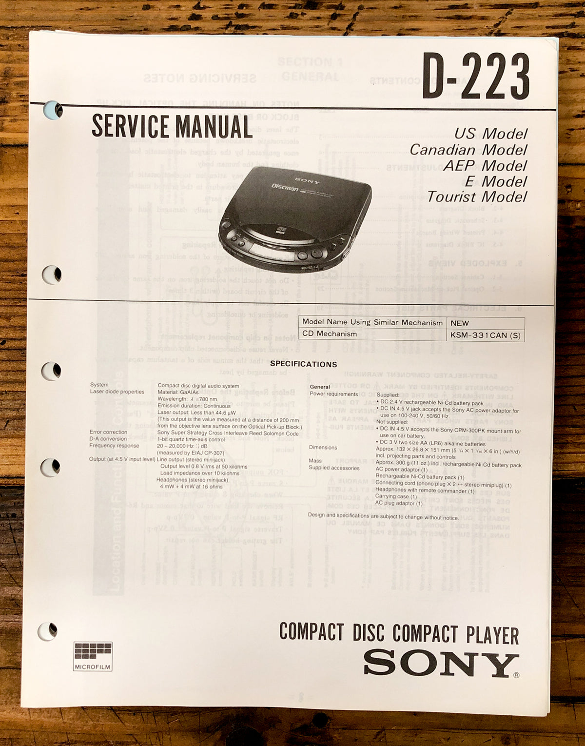 Sony D-223 CD Player / Discman Service Manual *Original*