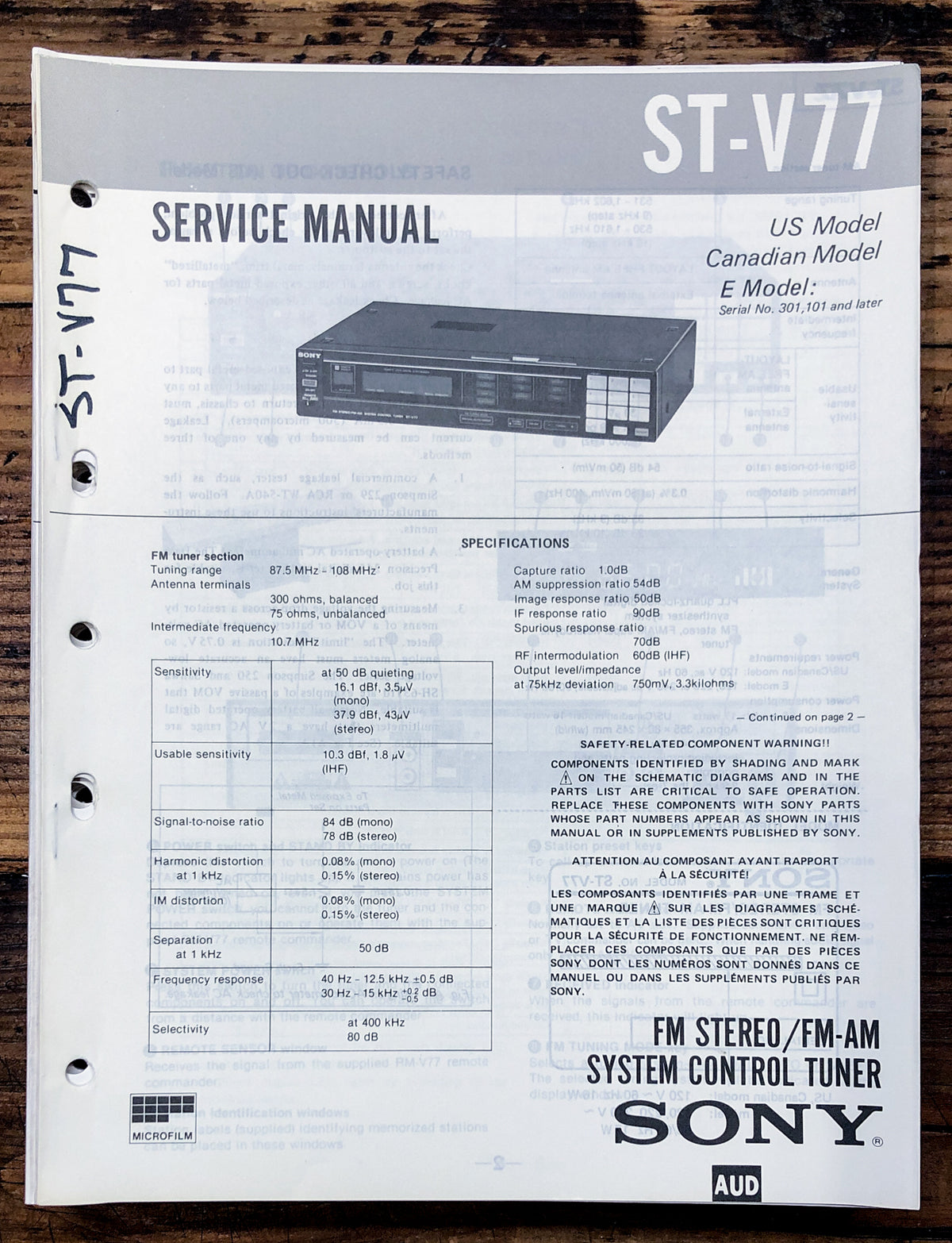 Sony ST-V77 Tuner Service Manual *Original*