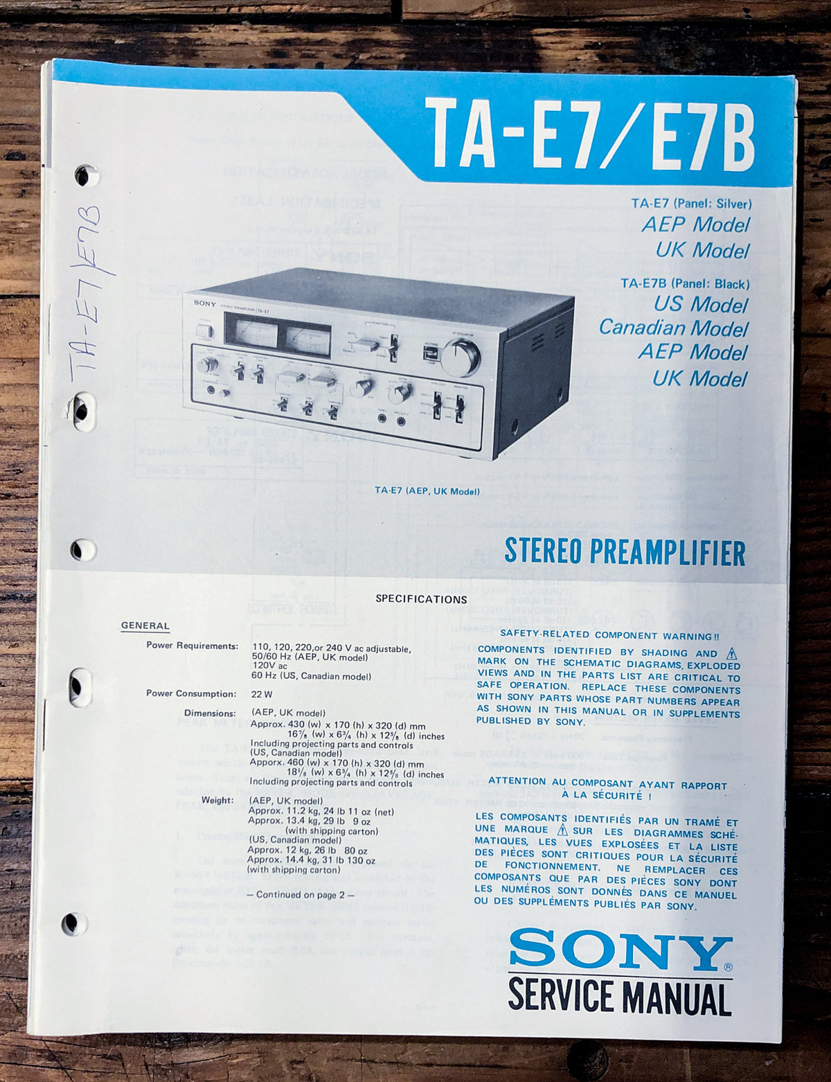 Sony TA-E7 TA-E7B Preamp / Preamplifier Service Manual *Original*