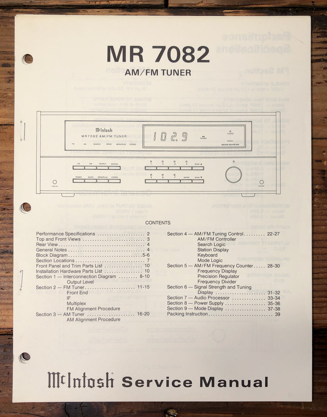 McIntosh MR-7082 MR7082 Tuner Service Manual *Original*
