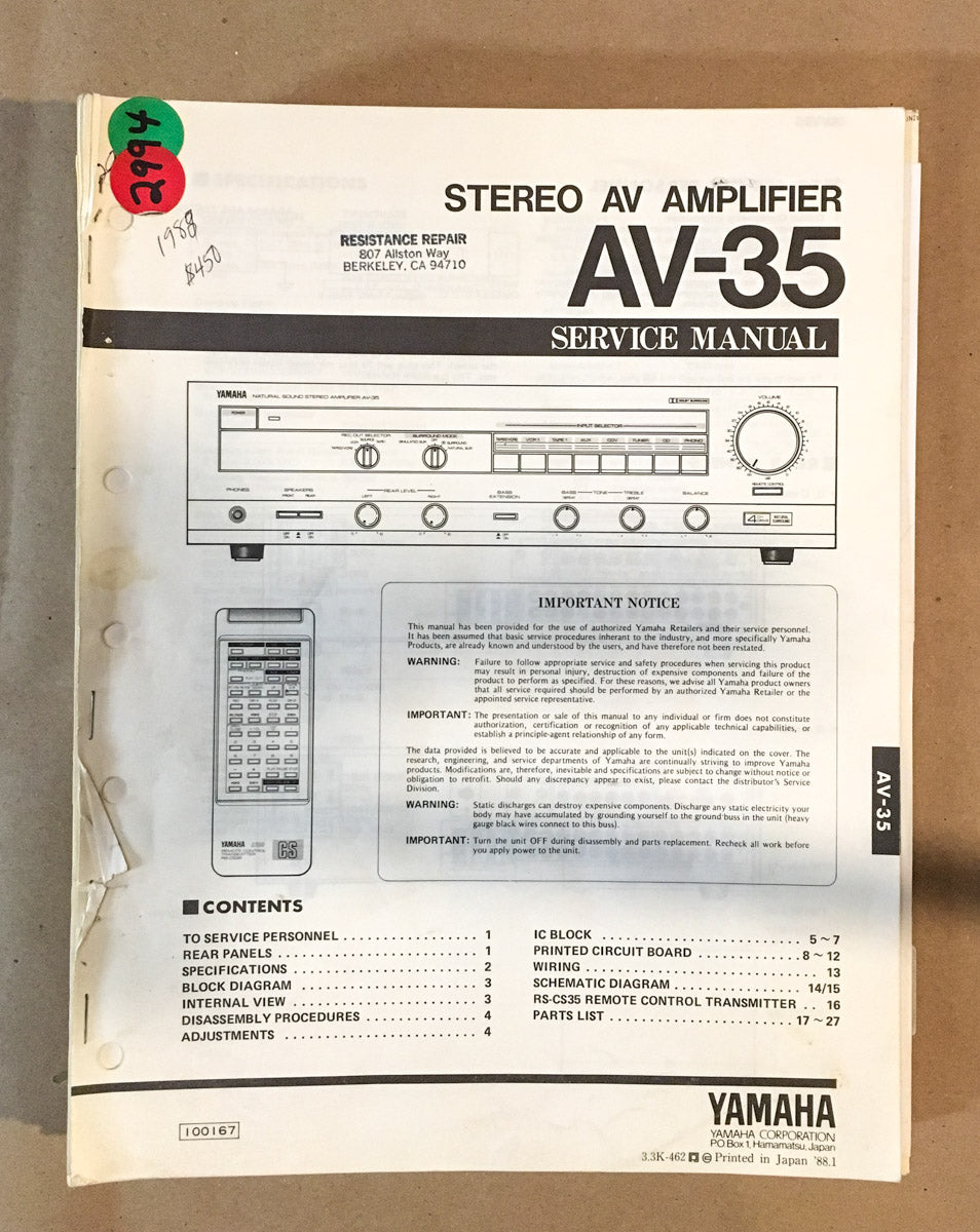 Yamaha AV-35 Amplifier Service Manual *Original*