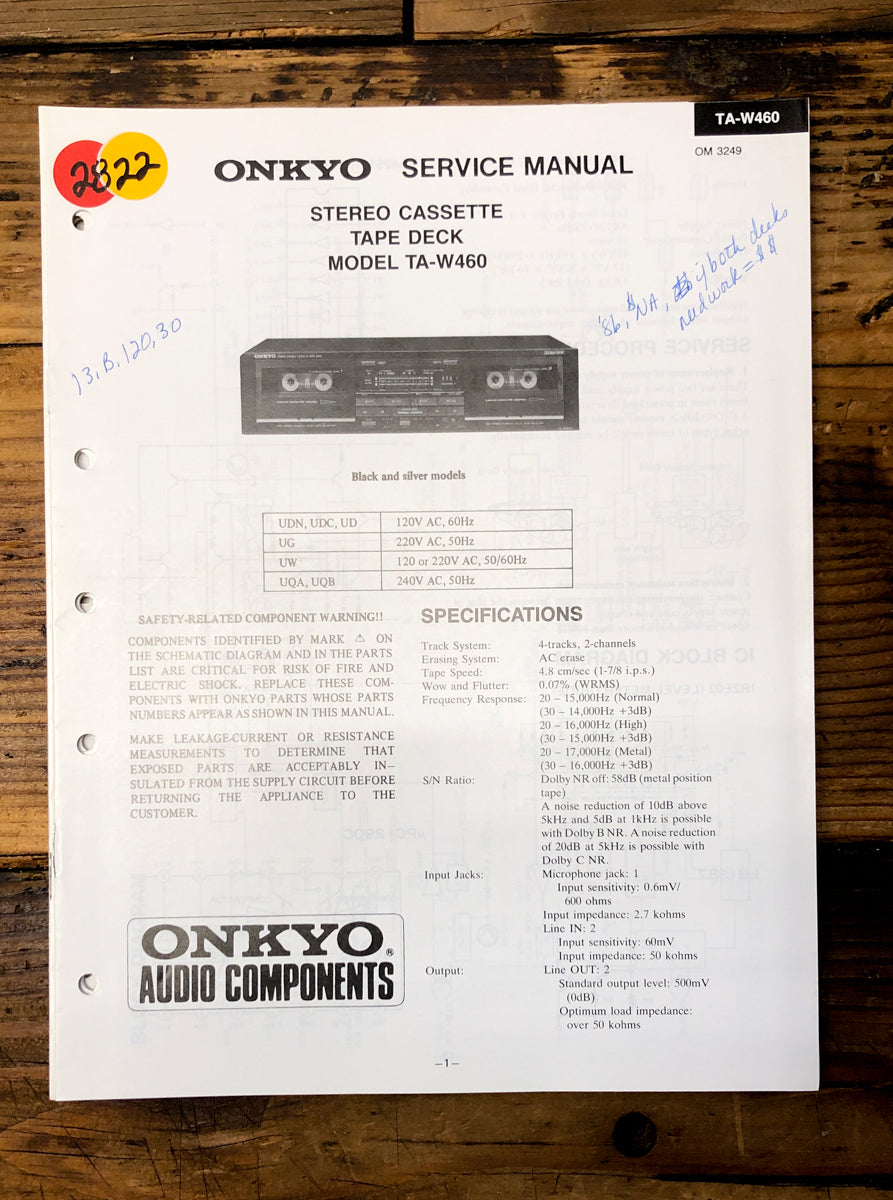 Onkyo TA-W460 Cassette Service Manual *Original*