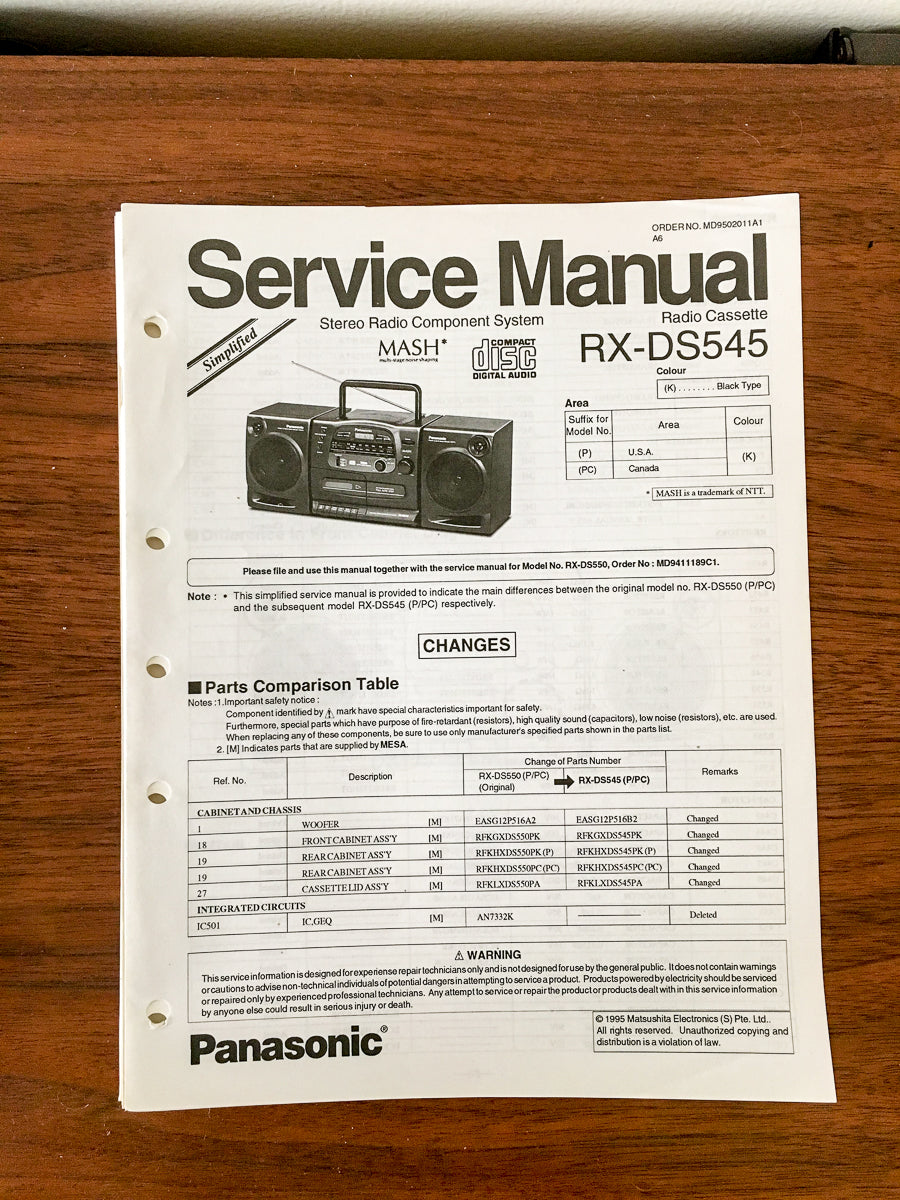 Panasonic RX-DS545 Radio Cassette Service Manual *Original*