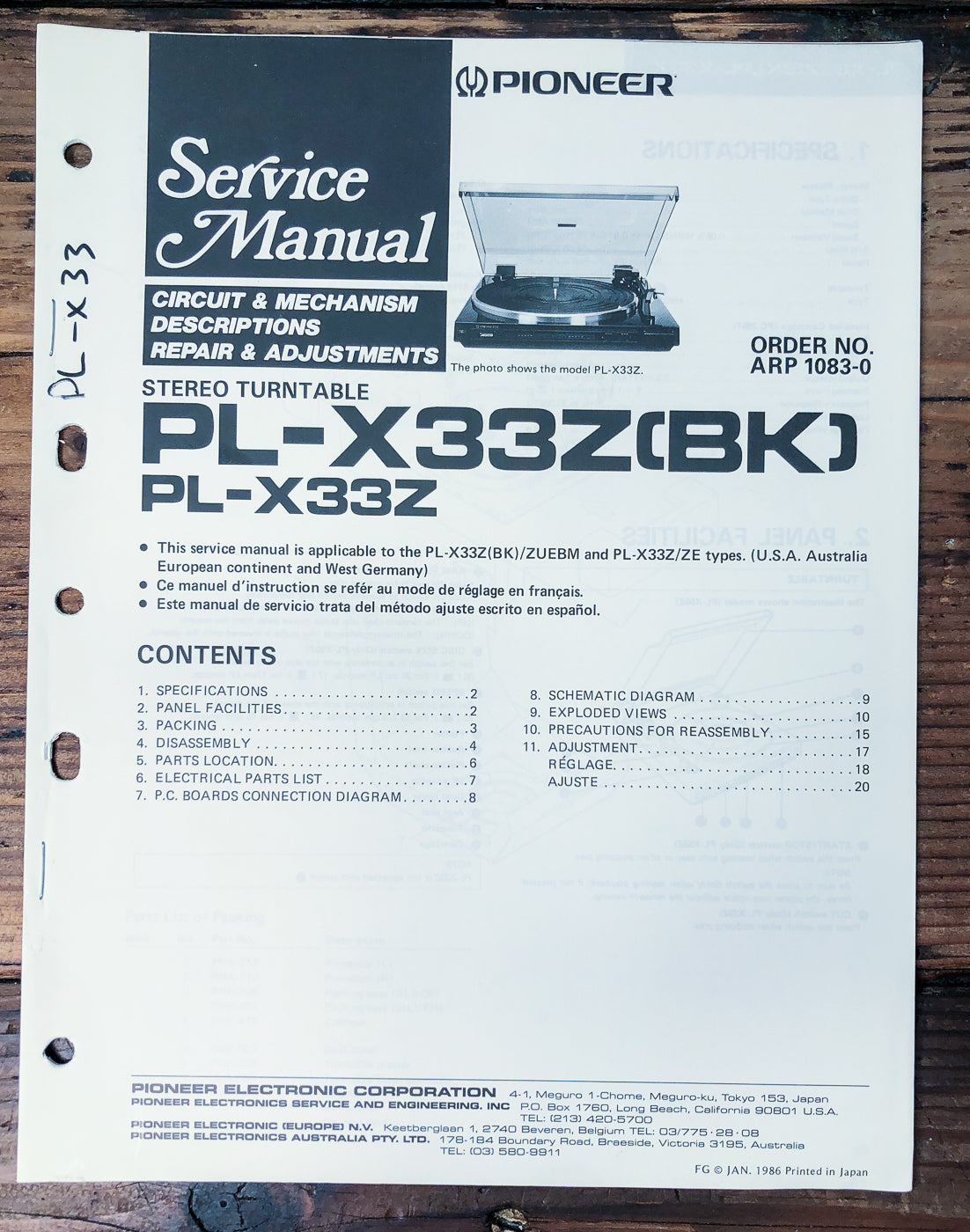 Pioneer PL-X33Z Turntable Service Manual *Original*