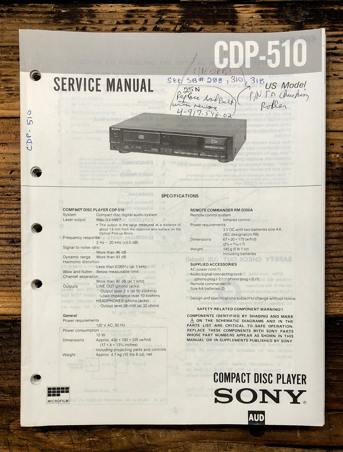Sony CDP-510 CD Player Service Manual *Original*