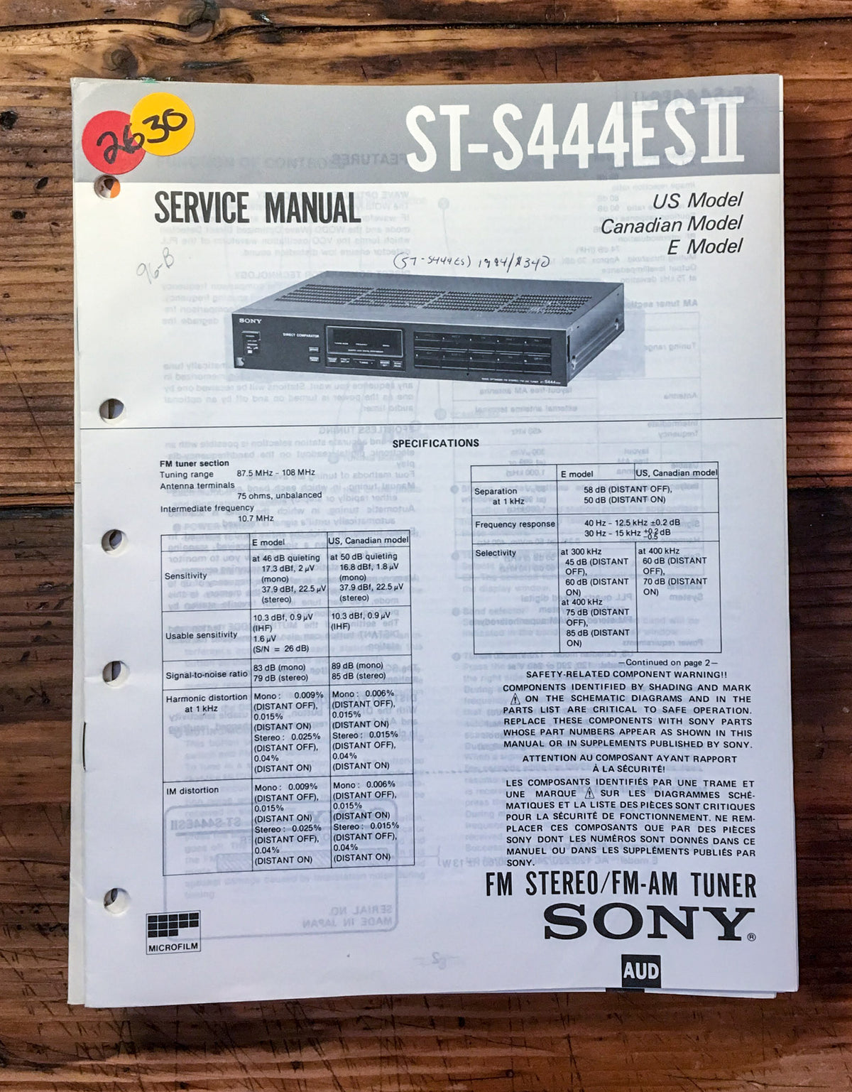 Sony ST-S444ES II Tuner Service Manual *Original*