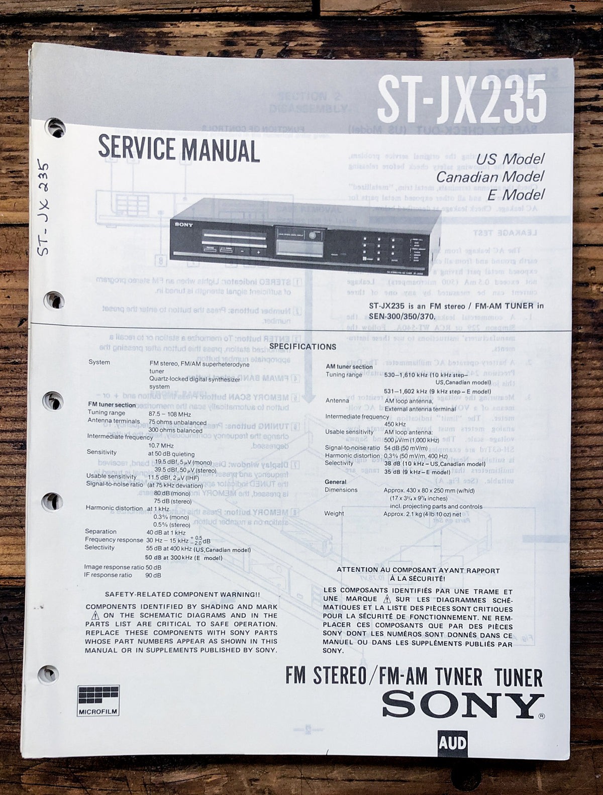 Sony ST-JX235 Tuner Service Manual *Original*
