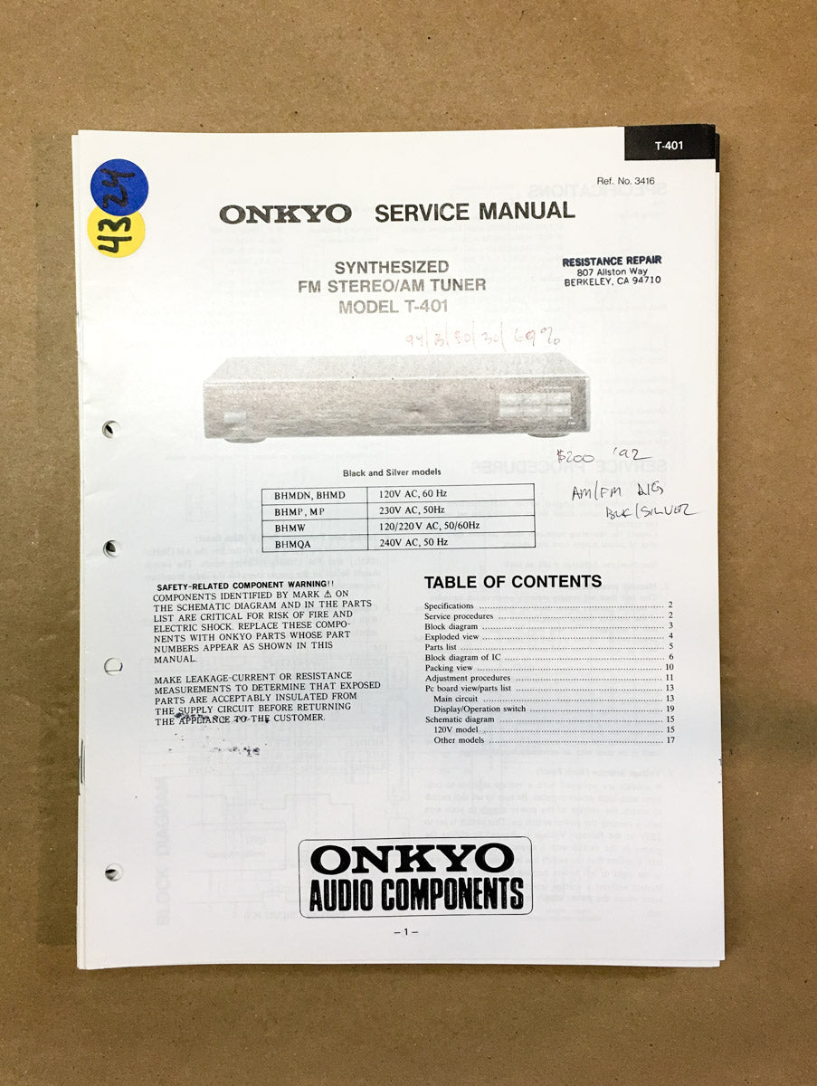 Onkyo T-401 Tuner Service Manual *Original*