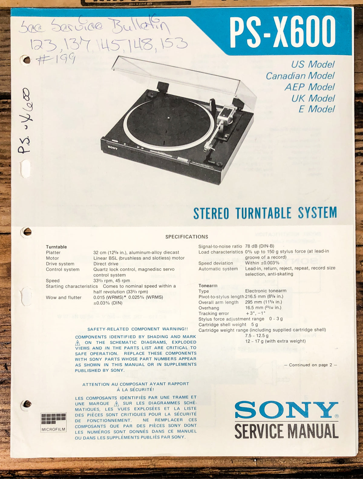 Sony PS-X600 Record Player / Turntable Service Manual *Original*