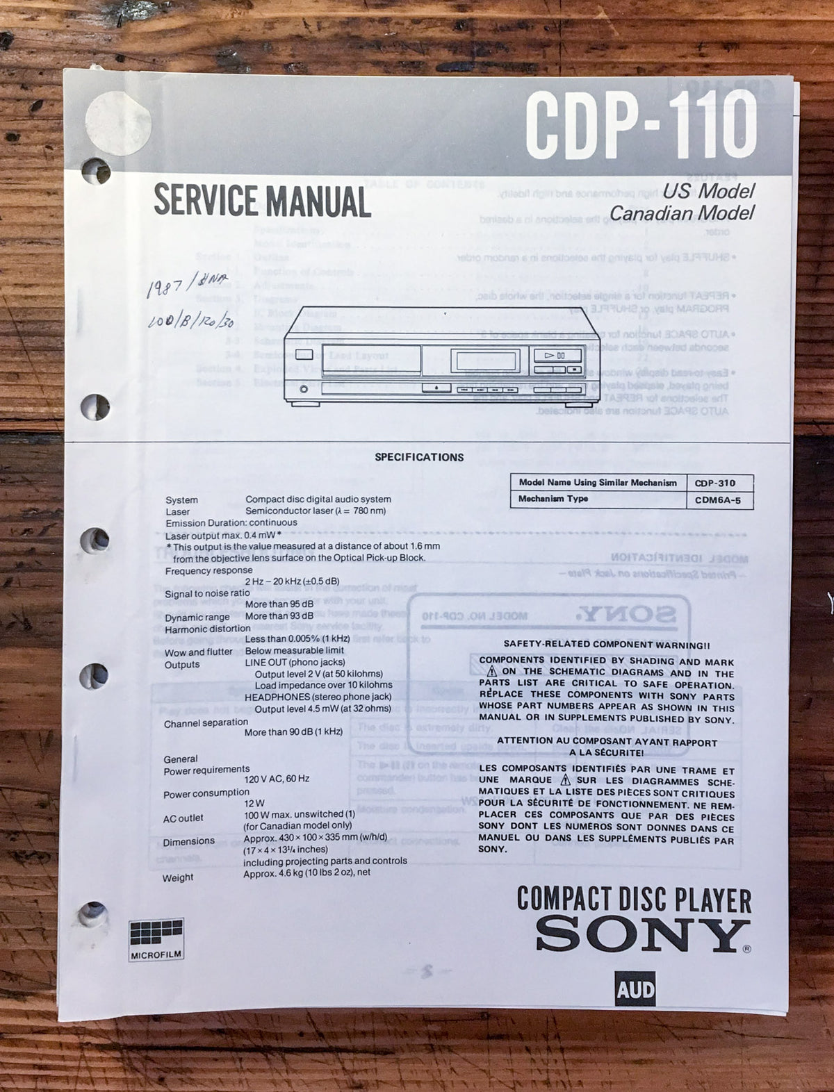 Sony CDP-110 CD Player Service Manual *Original*