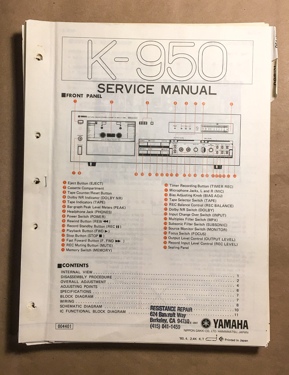 Yamaha K-950 Cassette Service Manual *Original*