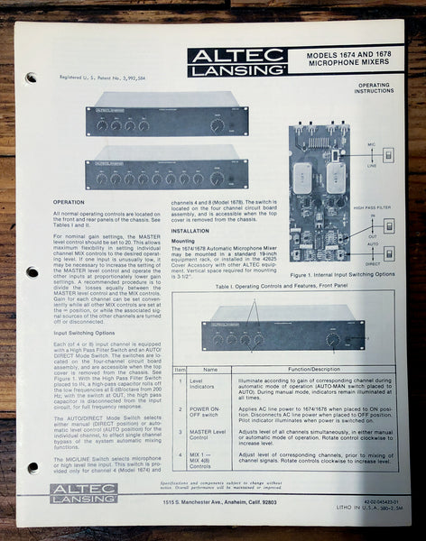 Altec Model 1674 1678 Mixer  Owners Manual & Schematic *Orig*