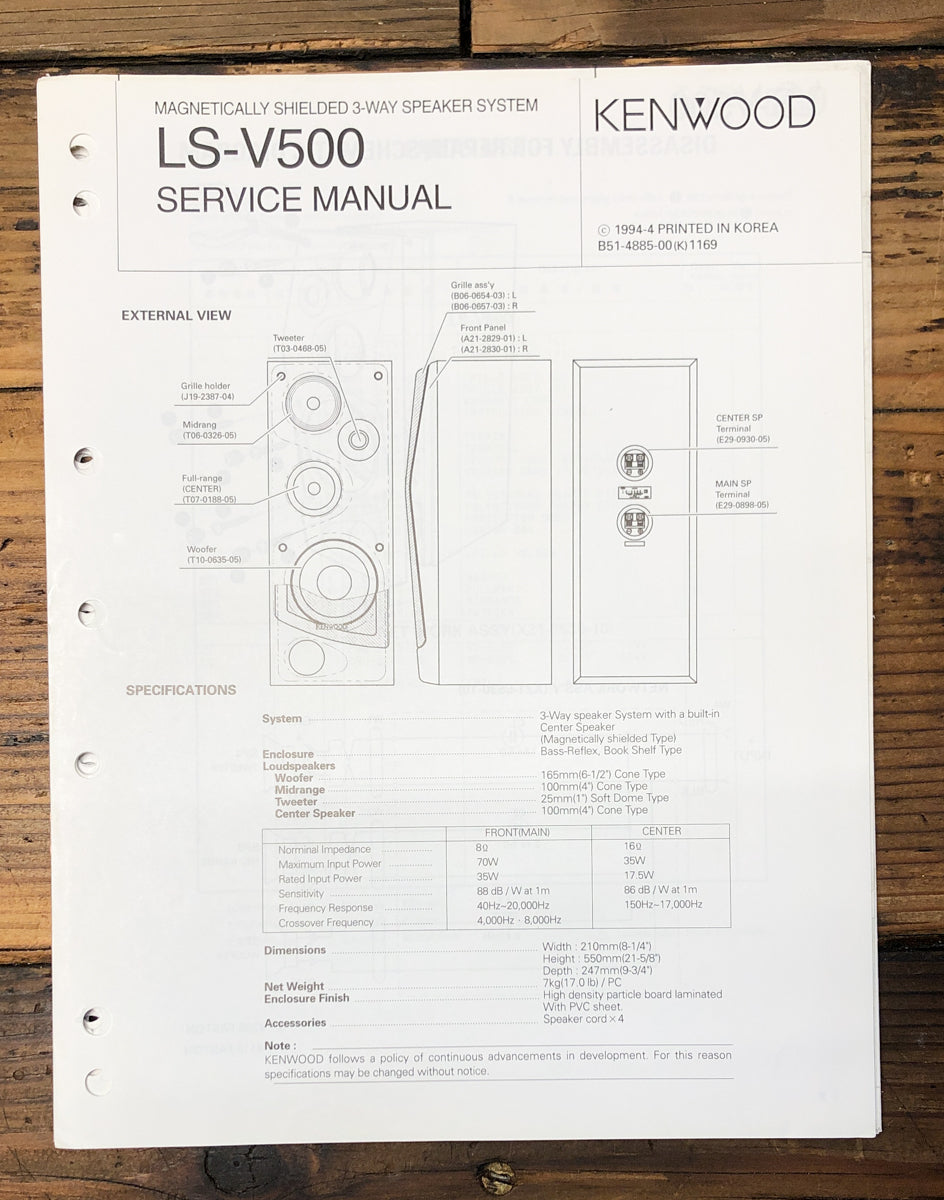 Kenwood LS-V500 Speaker Service Manual *Original*