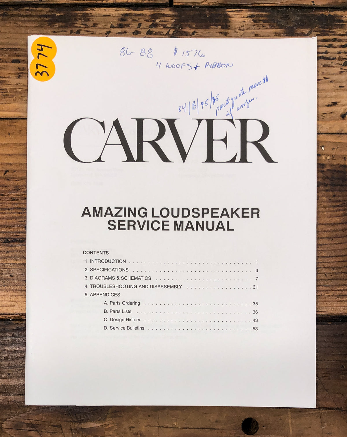 Carver Amazing Speaker Service Manual *Original*
