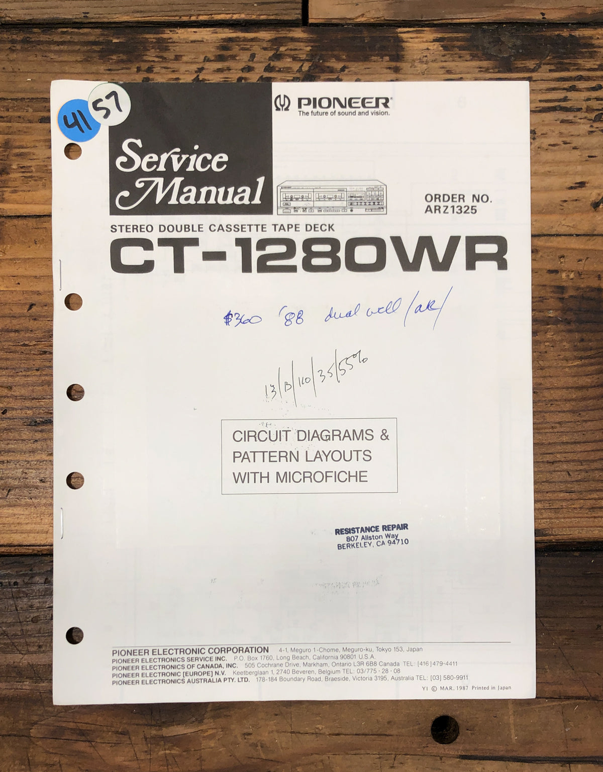 Pioneer CT-1280WR Cassette Service Manual *Original*