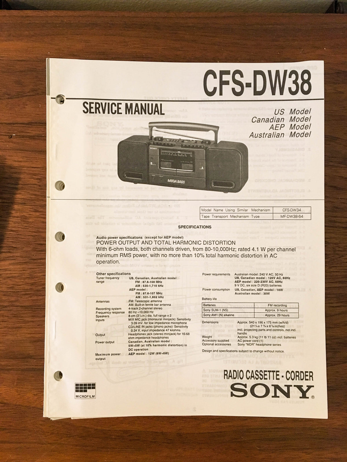 Sony CFS-DW38 RADIO CASSETTE Service Manual *Original*