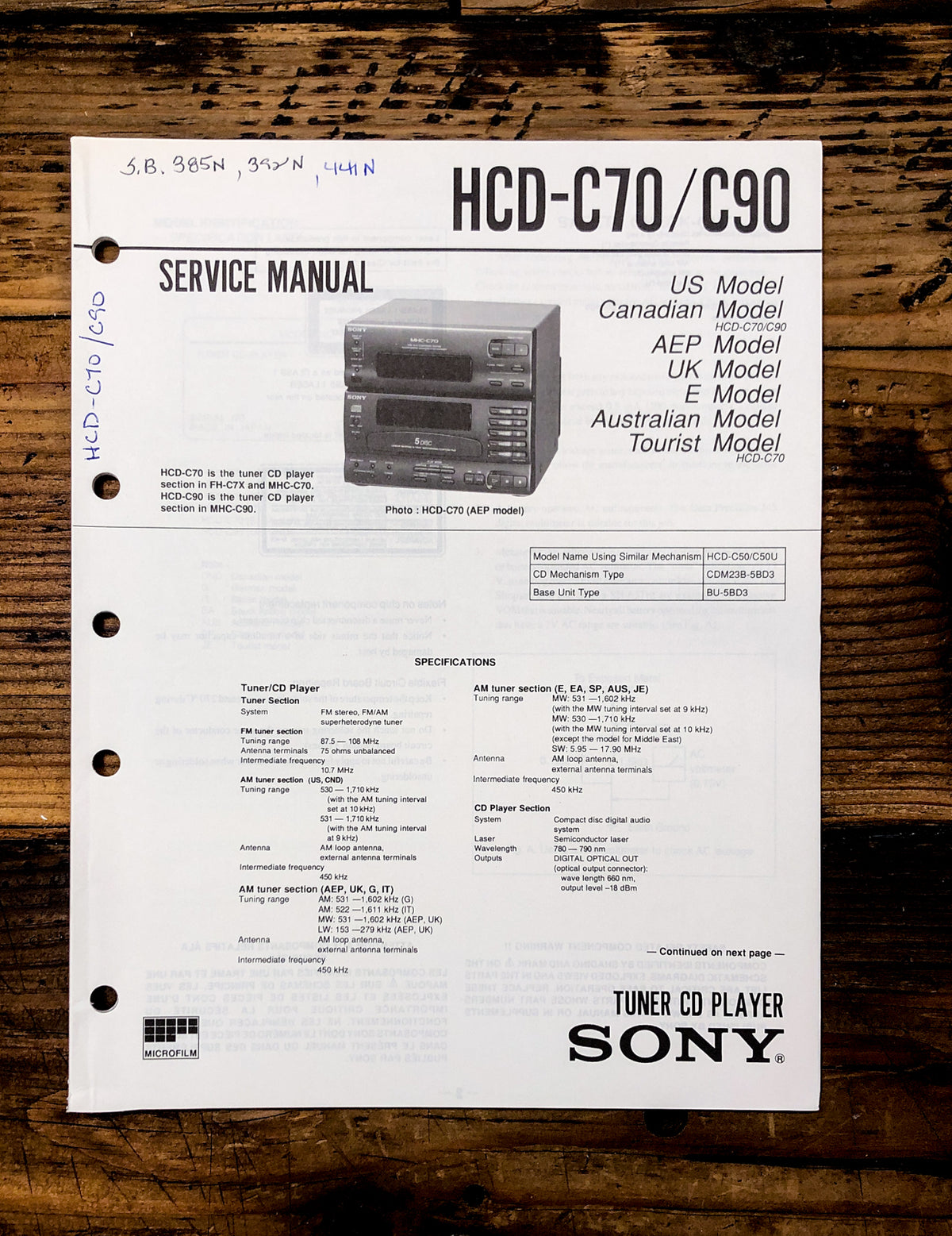 Sony HCD-C70 HCD-C90 Stereo Service Manual *Original*