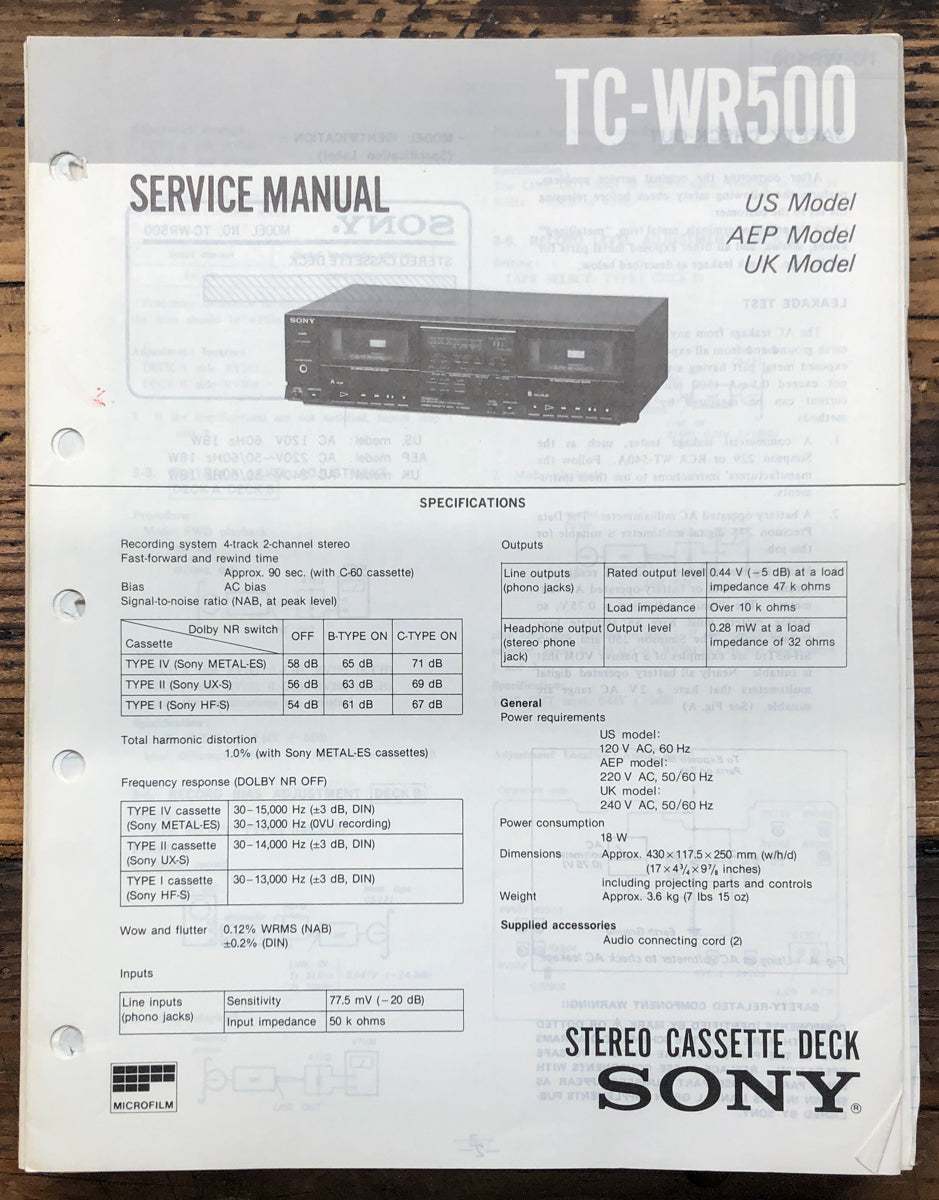 Sony TC-WR500 Cassette Service Manual *Original*