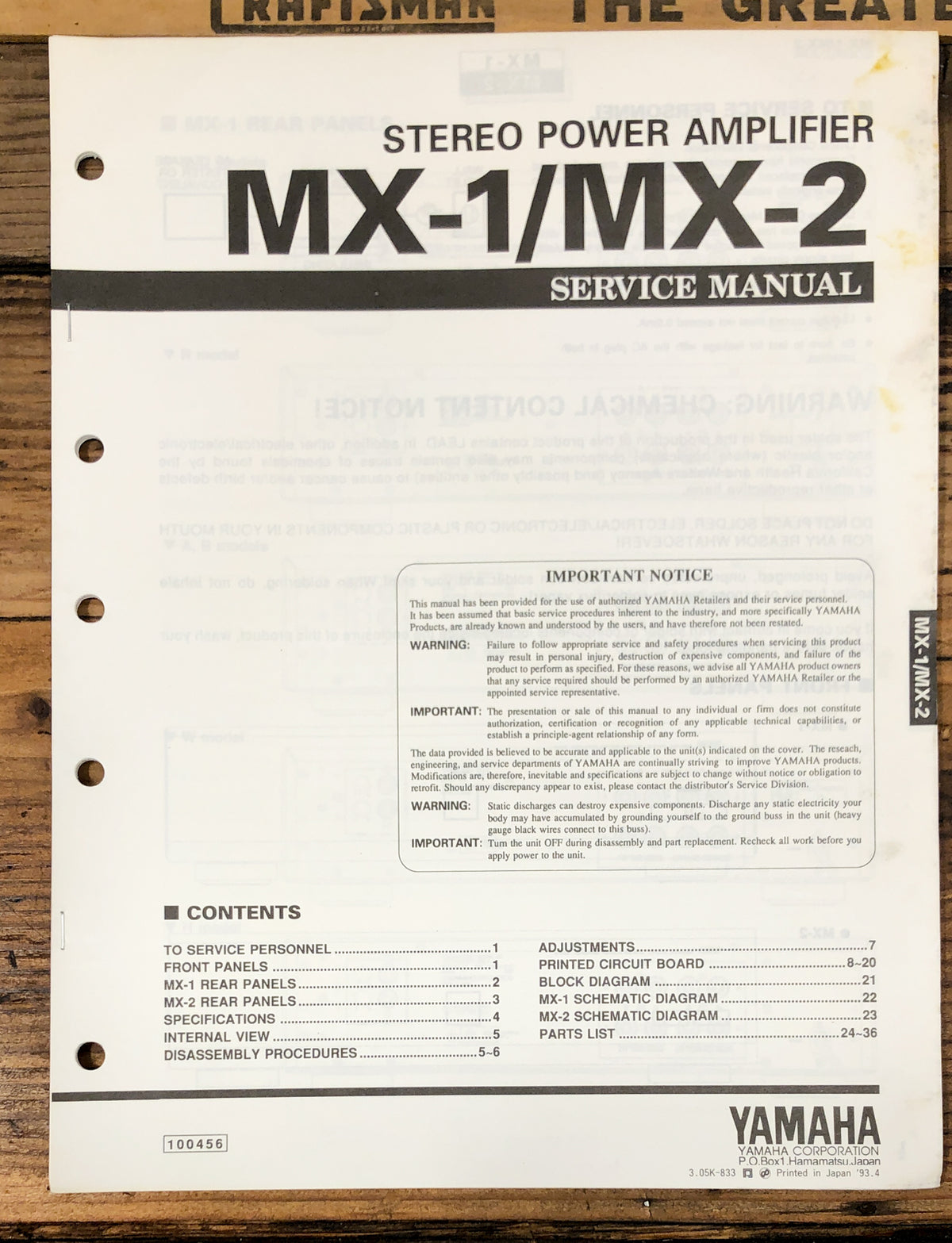 Yamaha MX-1 MX-2 Amplifier Service Manual *Original*