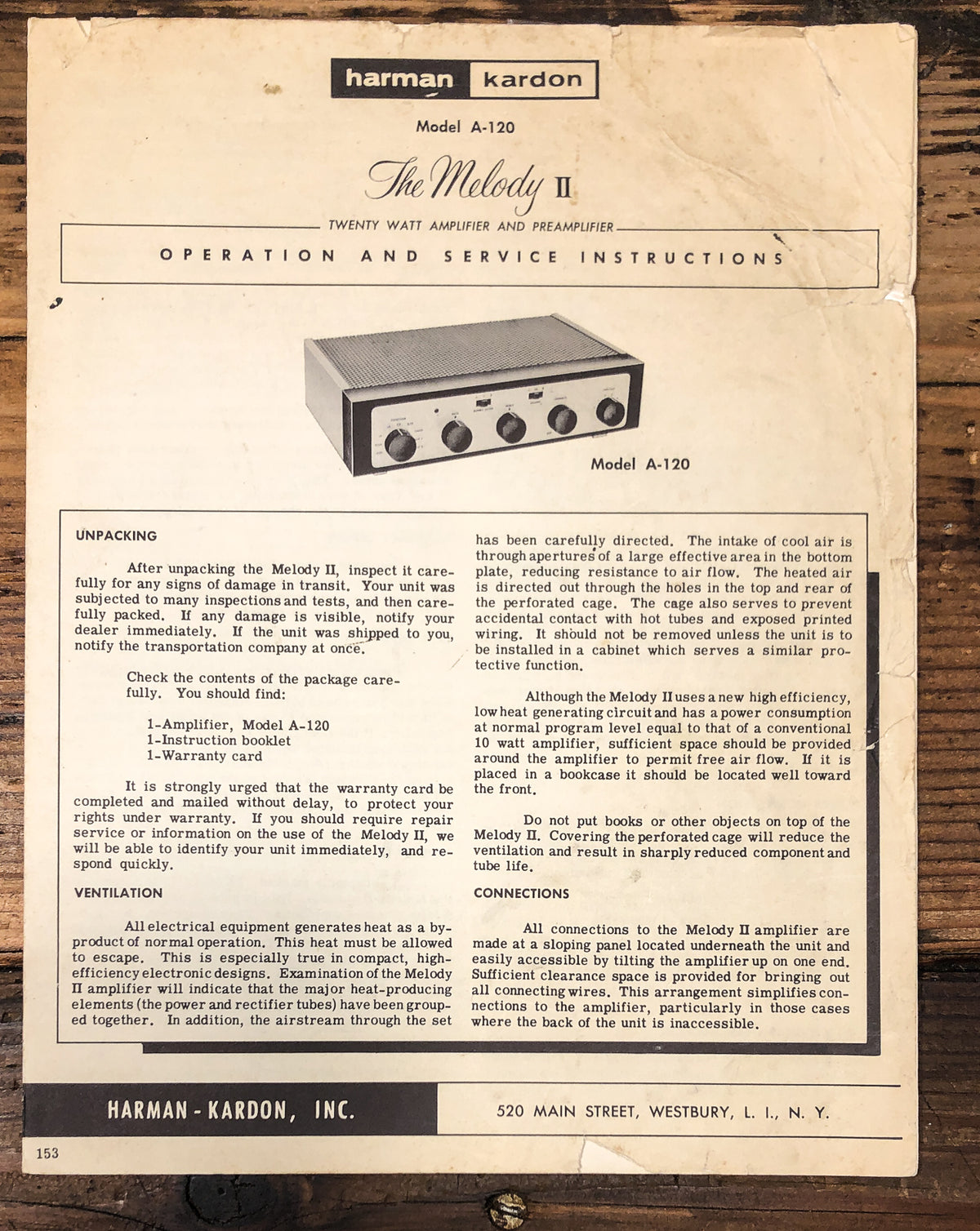 Harman Kardon A-120 Melody II Amplifier Service Manual *Original*
