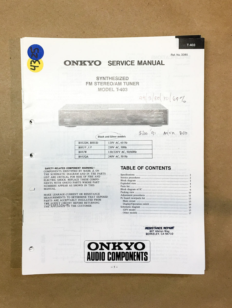 Onkyo T-403 Tuner Service Manual *Original*