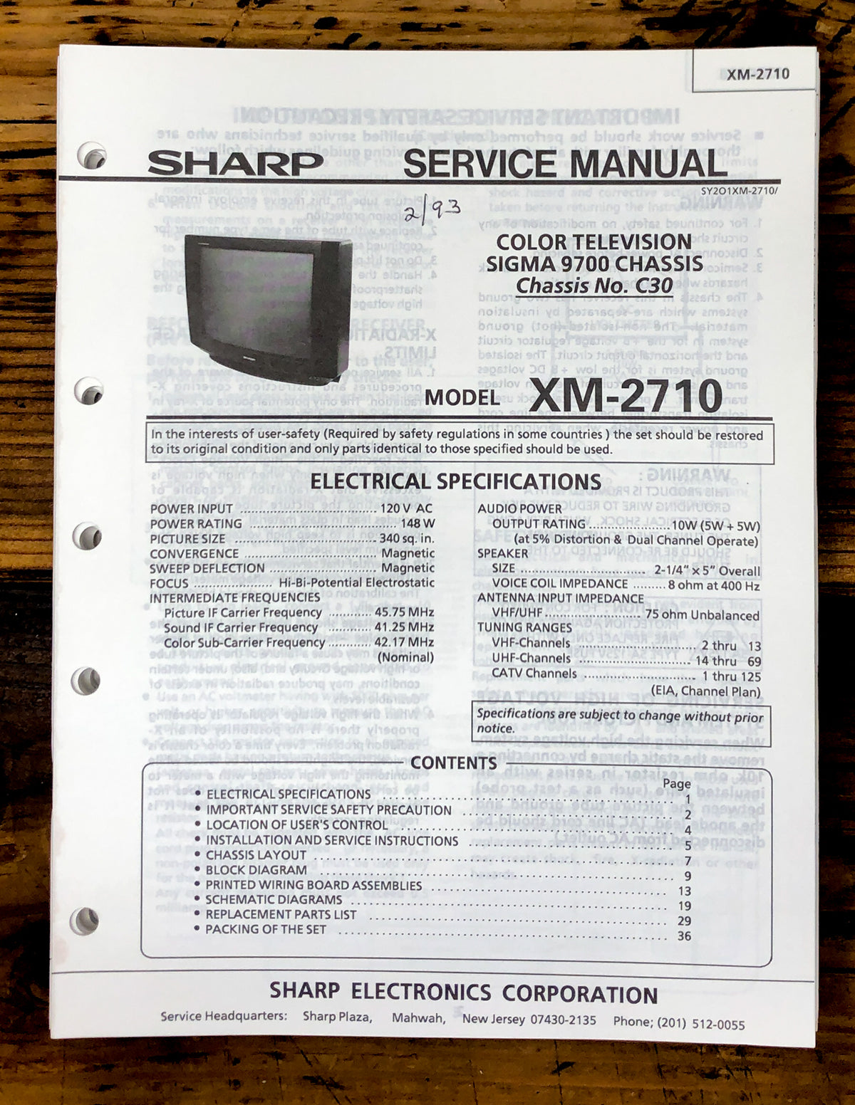 Sharp XM-2710 TV / Television Service Manual *Original*
