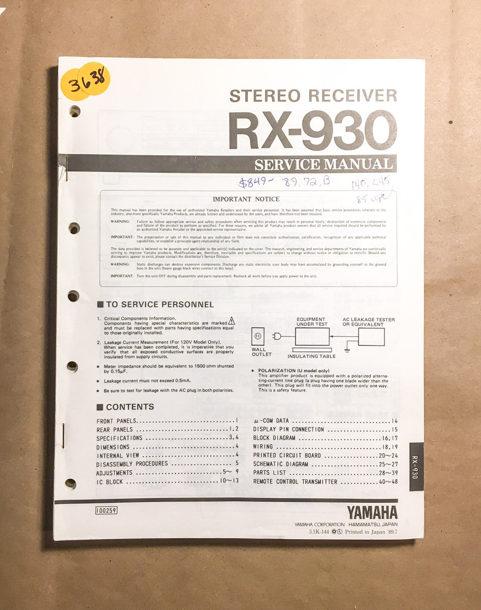 Yamaha RX-930 Receiver Service Manual *Original*