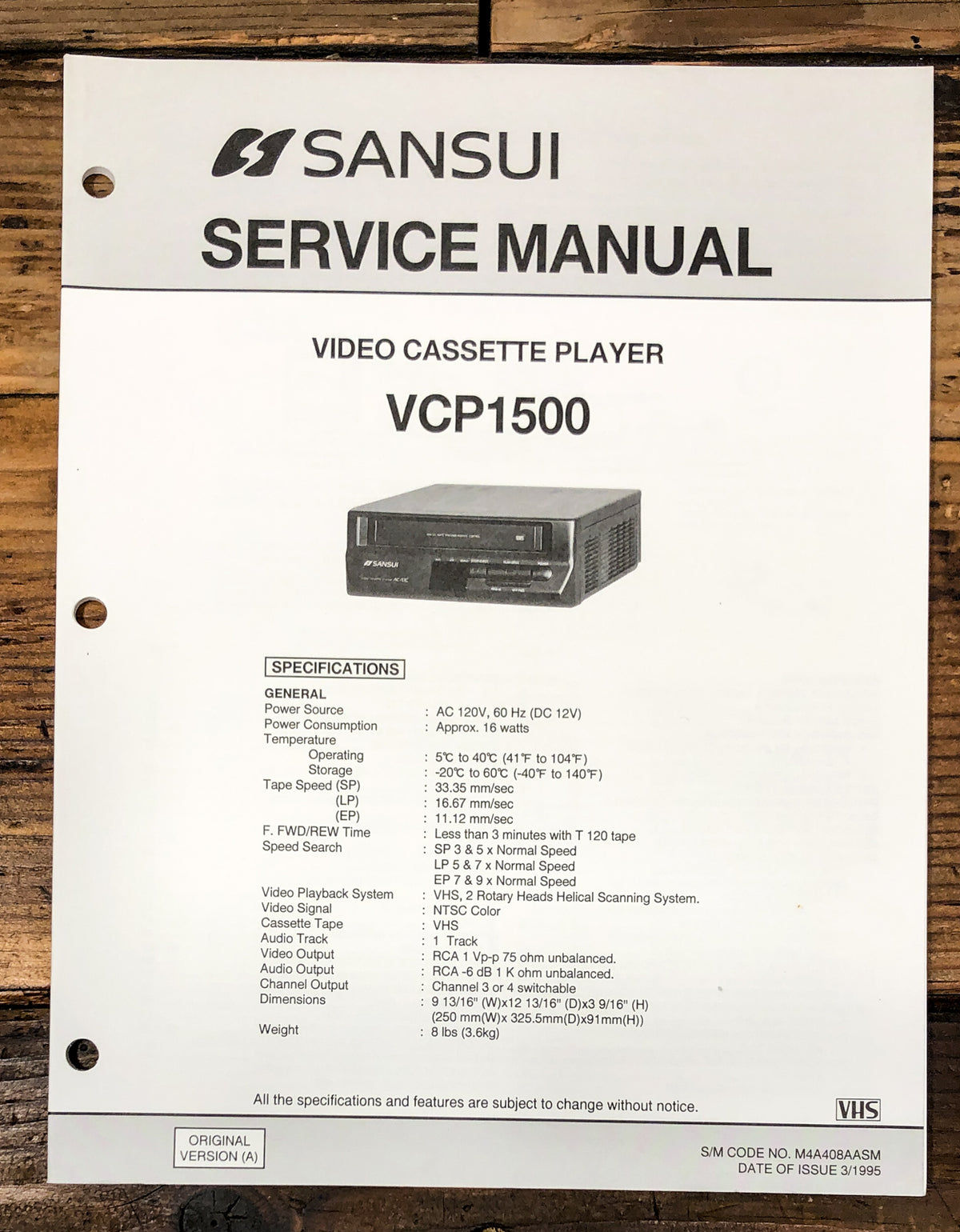 Emerson / Orion Model VCP1500 VCR Service Manual *Original*