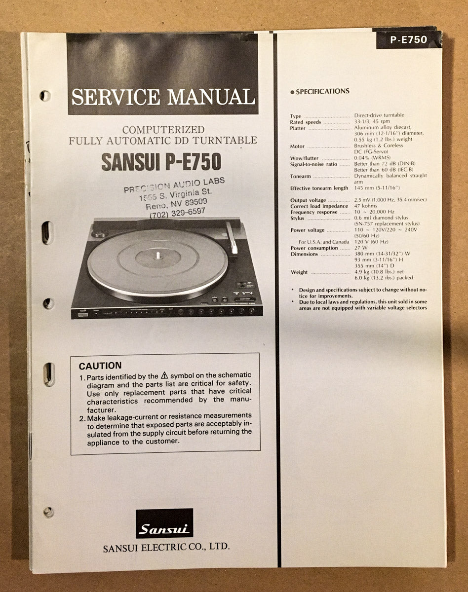 Sansui P-E750 Record Player / Turntable Service Manual *Original*