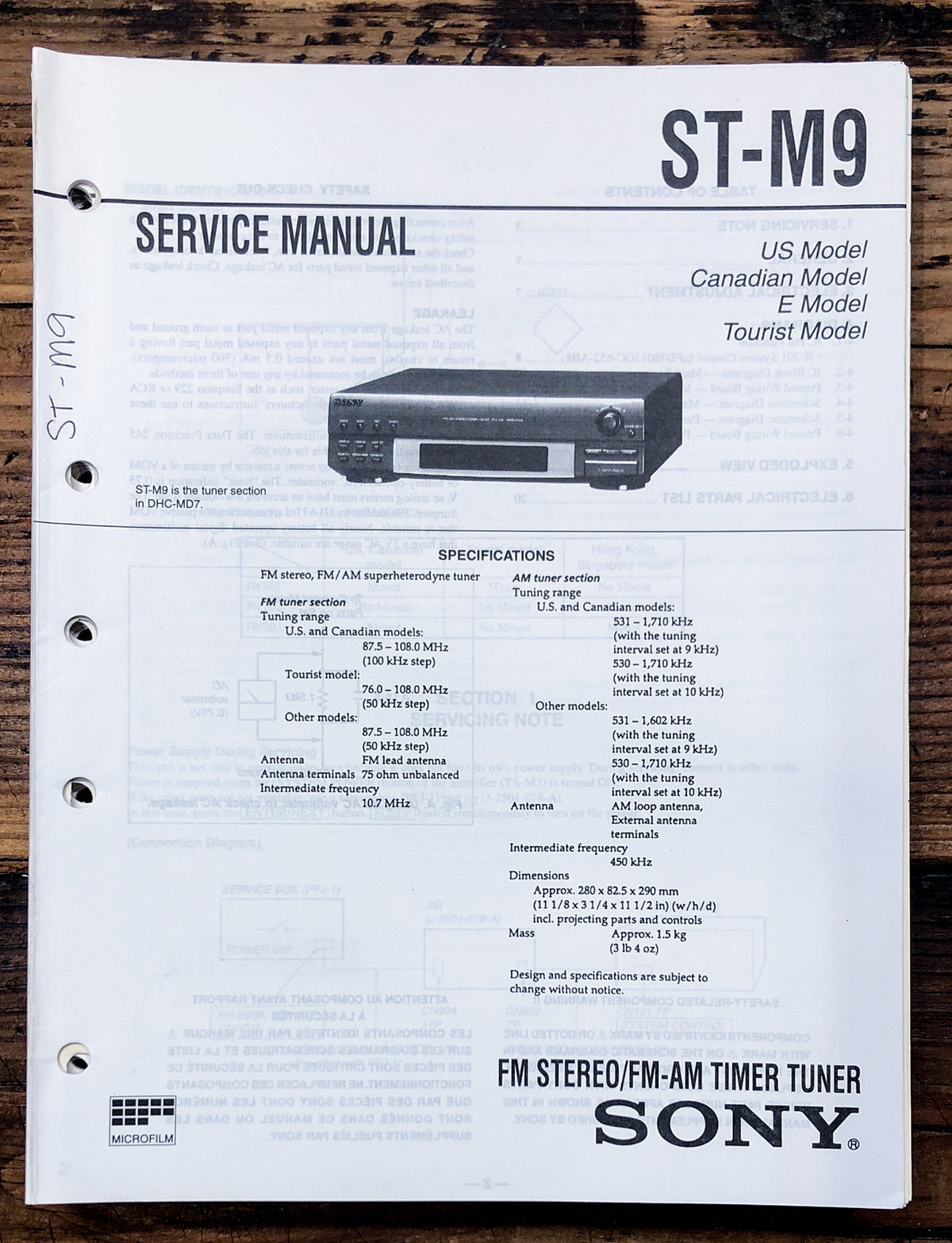 Sony ST-M9 Tuner Service Manual *Original*