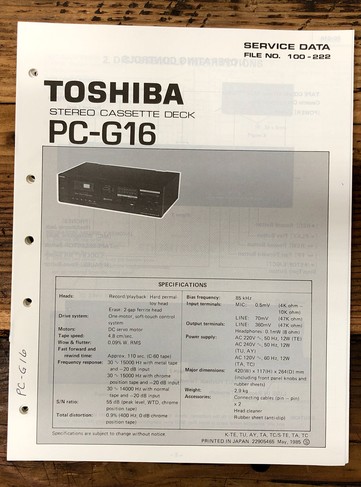 Toshiba PC-G16 Cassette Deck Service Manual *Original*