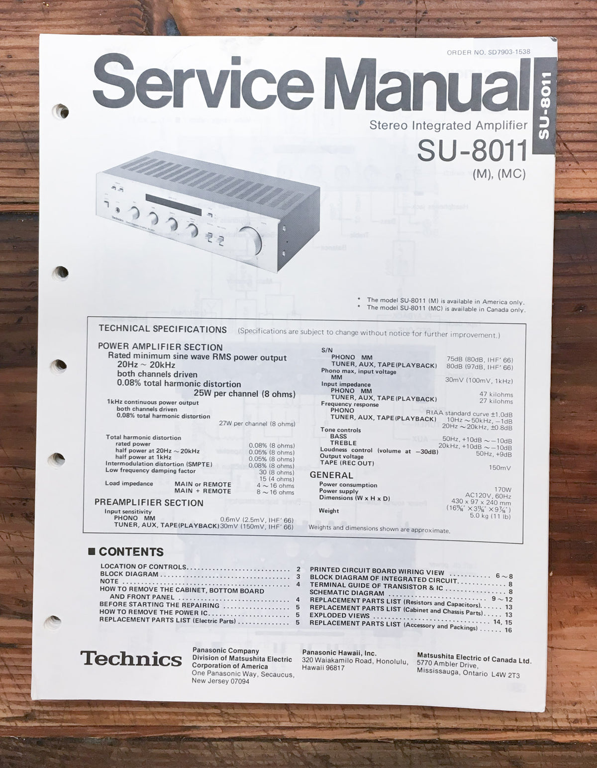 Technics SU-8011 Amplifier Service Manual *Original*