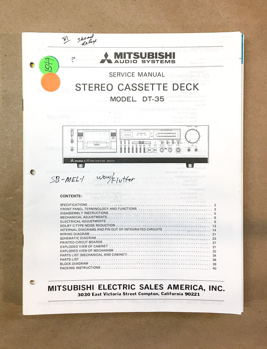 Mitsubishi DT-35 Cassette / Tape Deck Service Manual *Original*