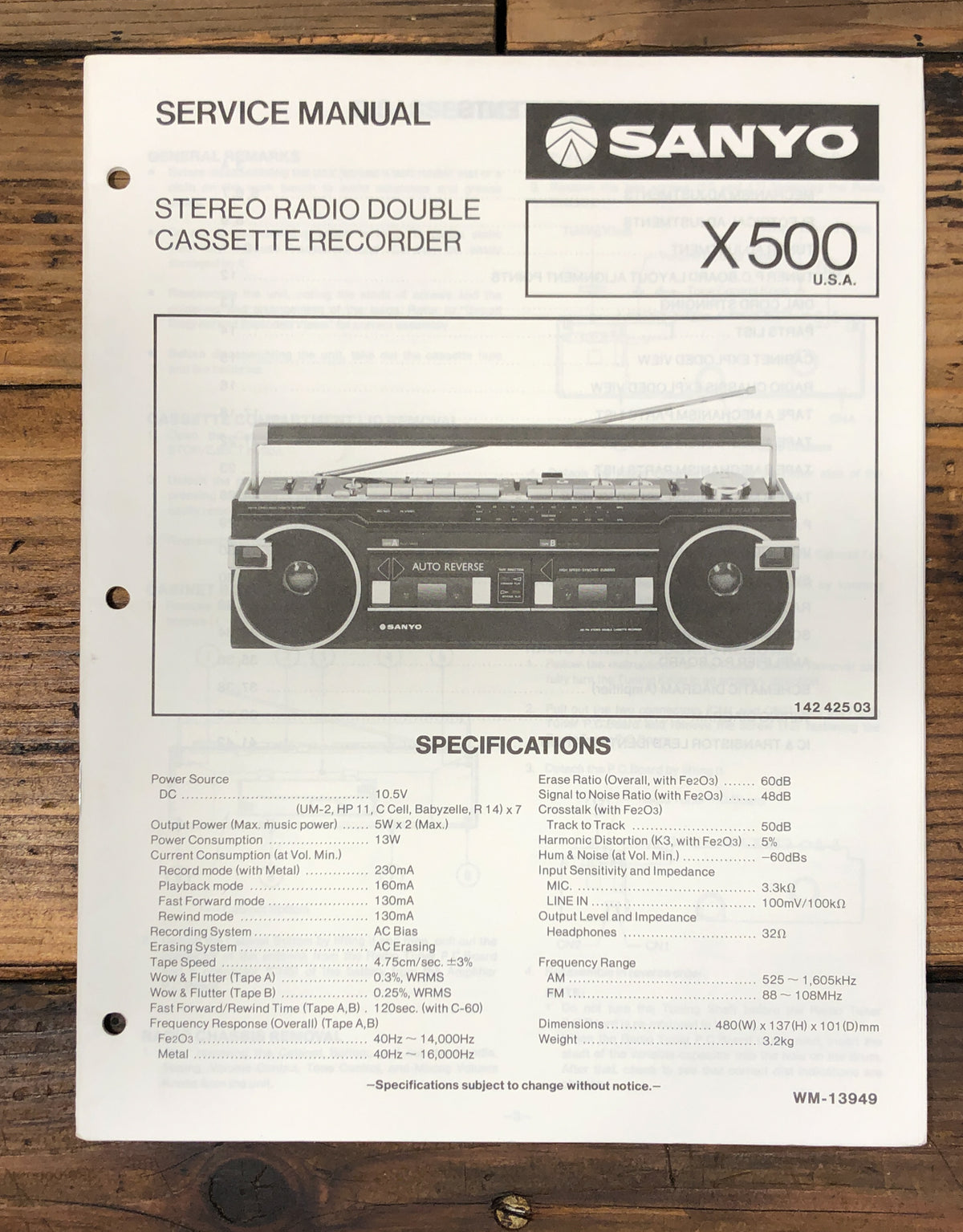 Sanyo X500 X-500 Stereo Service Manual *Original*