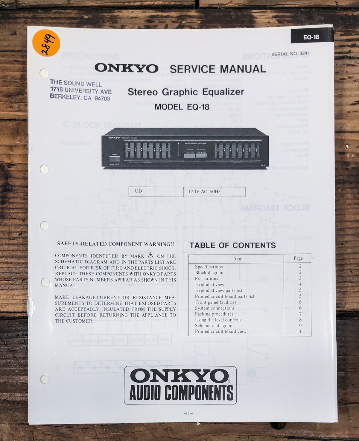 Onkyo EQ-18 Equalizer Service Manual *Original*