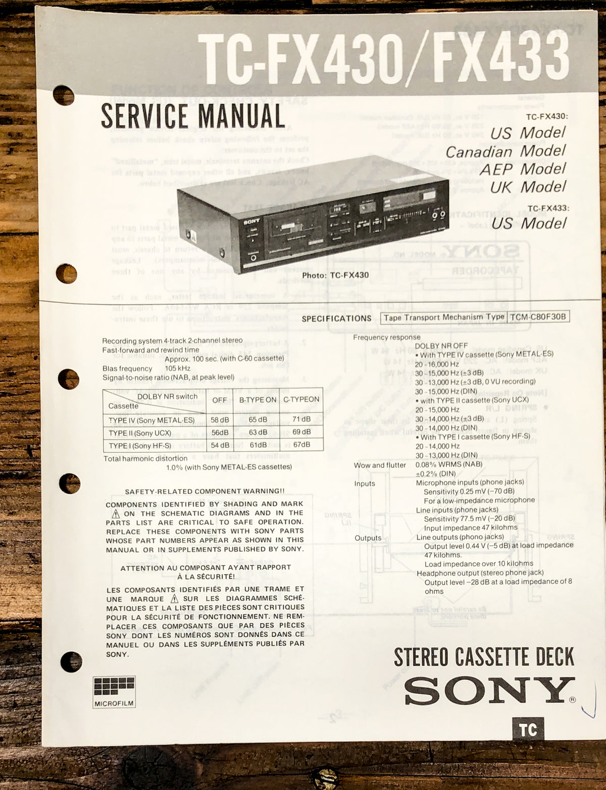 Sony TC-FX430 TC-FX433 Cassette Service Manual *Original*