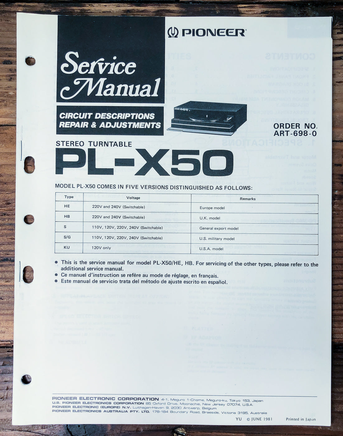 Pioneer PL-X50 Turntable Service Manual *Original*