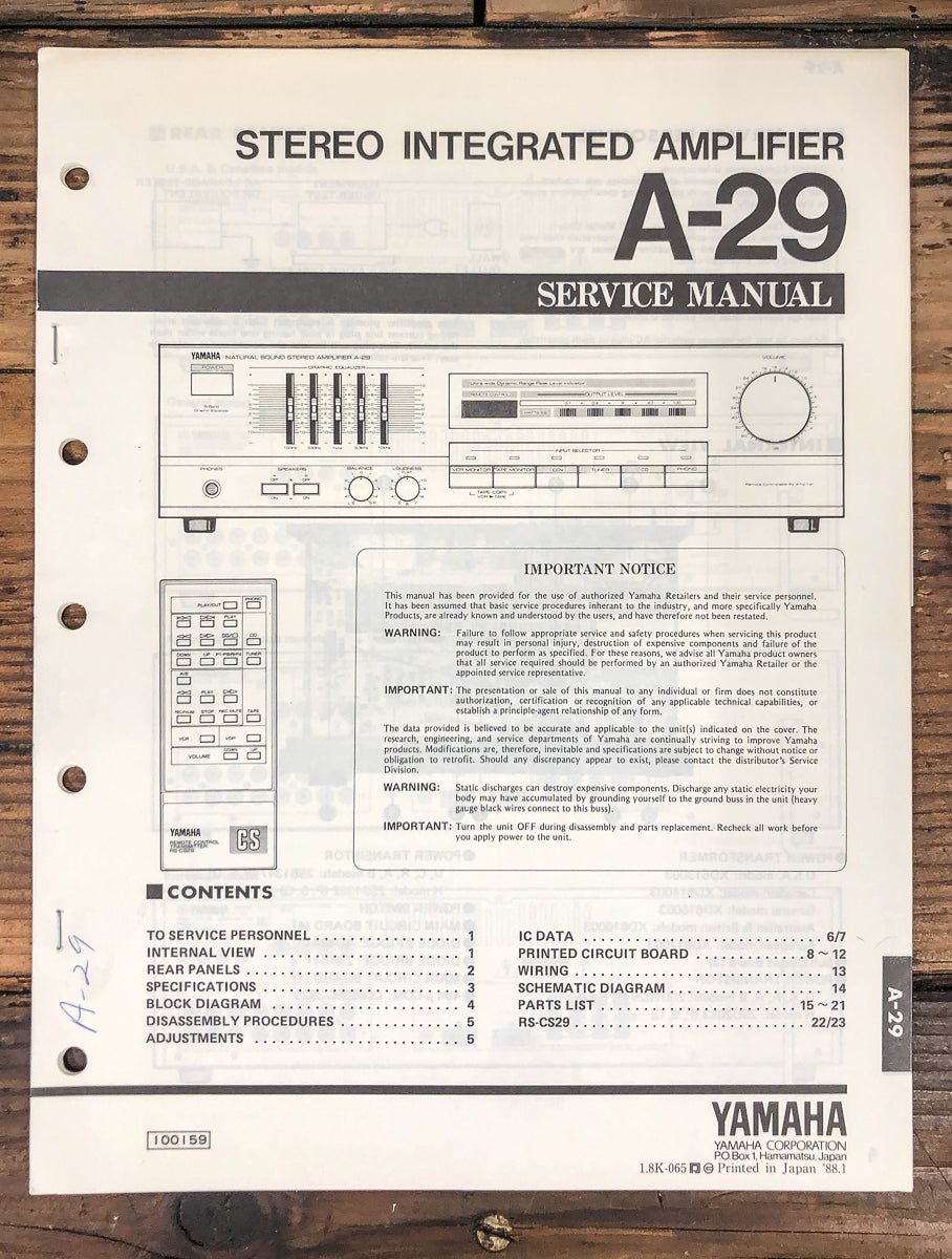 Yamaha A-29 Amplifier Service Manual *Original*